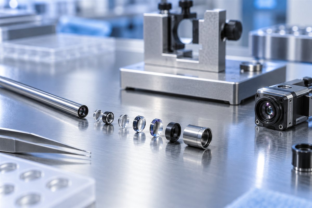 Precision medical endoscope lens components under inspection