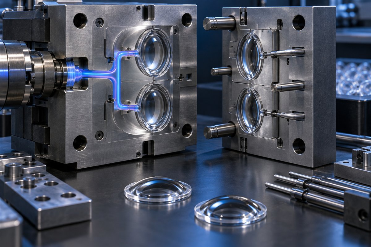 Precision optical injection mold with lens cavities and gate layout